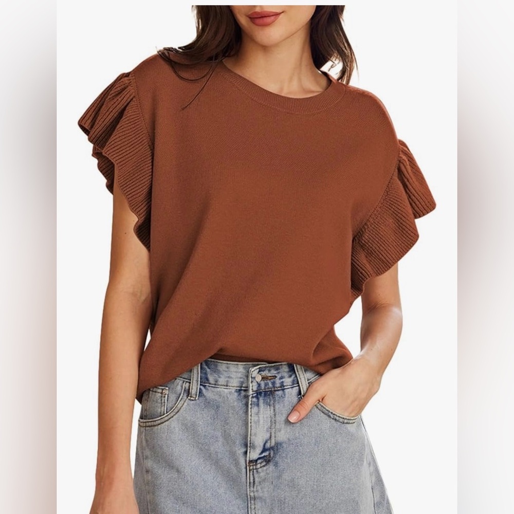 NEW Pink Queen Crew Neck Ruffle Edge Sleeves Knit Pullover Sweater Top M